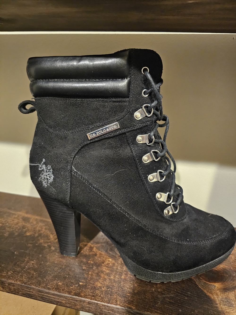 U.S. Polo Assn. Women's Black Suede Lace-Up Heeled Ankle Boots